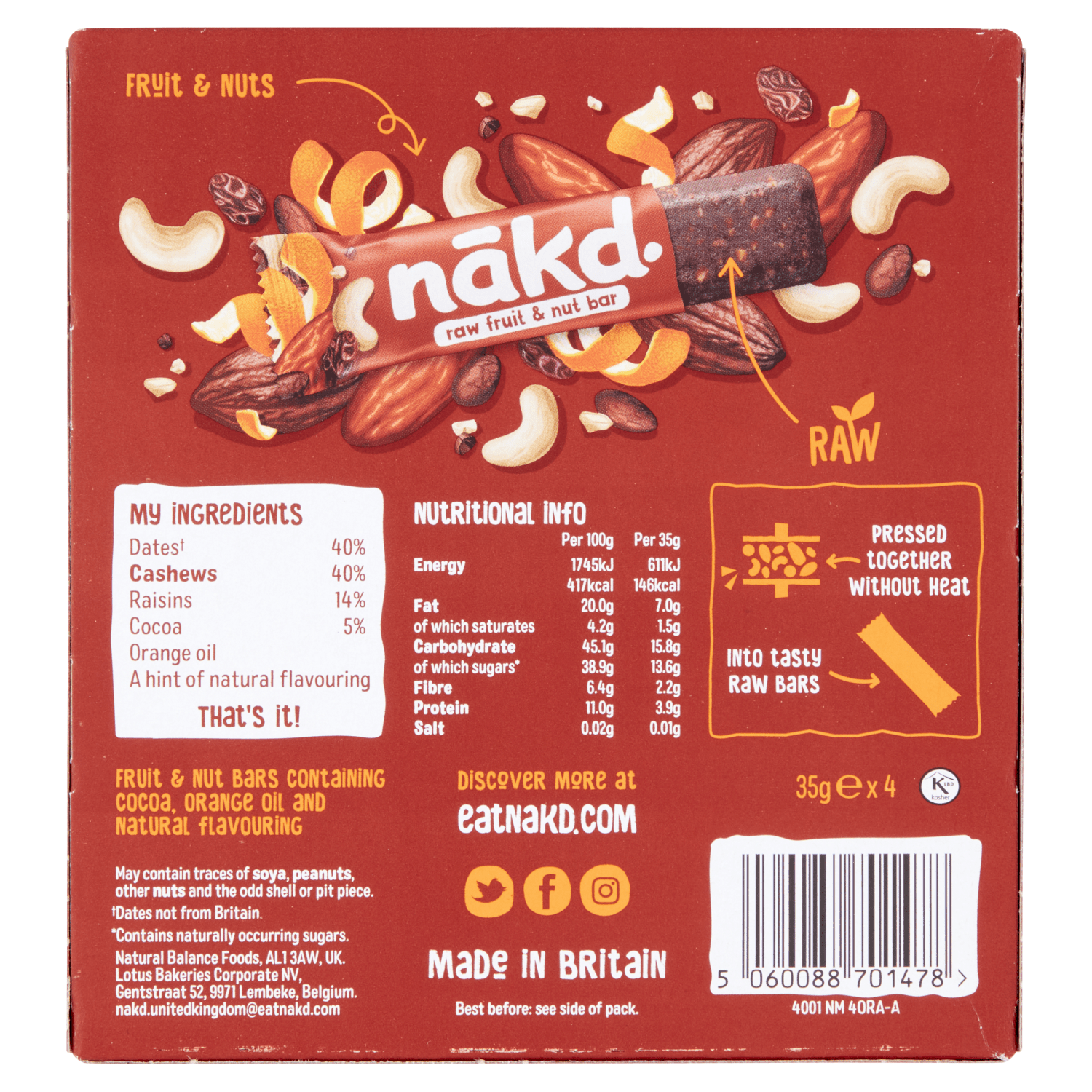 N_kd Cocoa Orange Raw Fruit & Nut Bars 4 x 35g - UK Food & Drink - 5060088701478