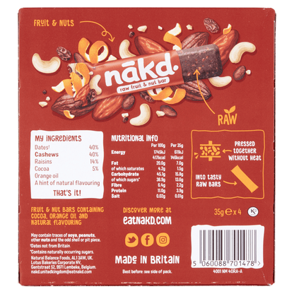 N_kd Cocoa Orange Raw Fruit & Nut Bars 4 x 35g - UK Food & Drink - 5060088701478