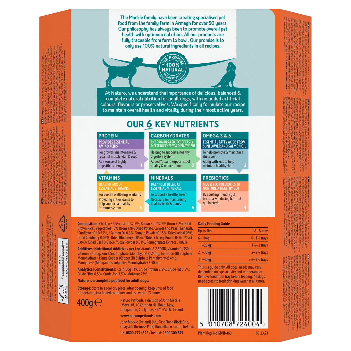 Naturo Natural Dog Food Chicken & Lamb with Rice and Vegetables Adult Dog 1 to 7 Years 400g - UK Food & Drink - 5010708724004