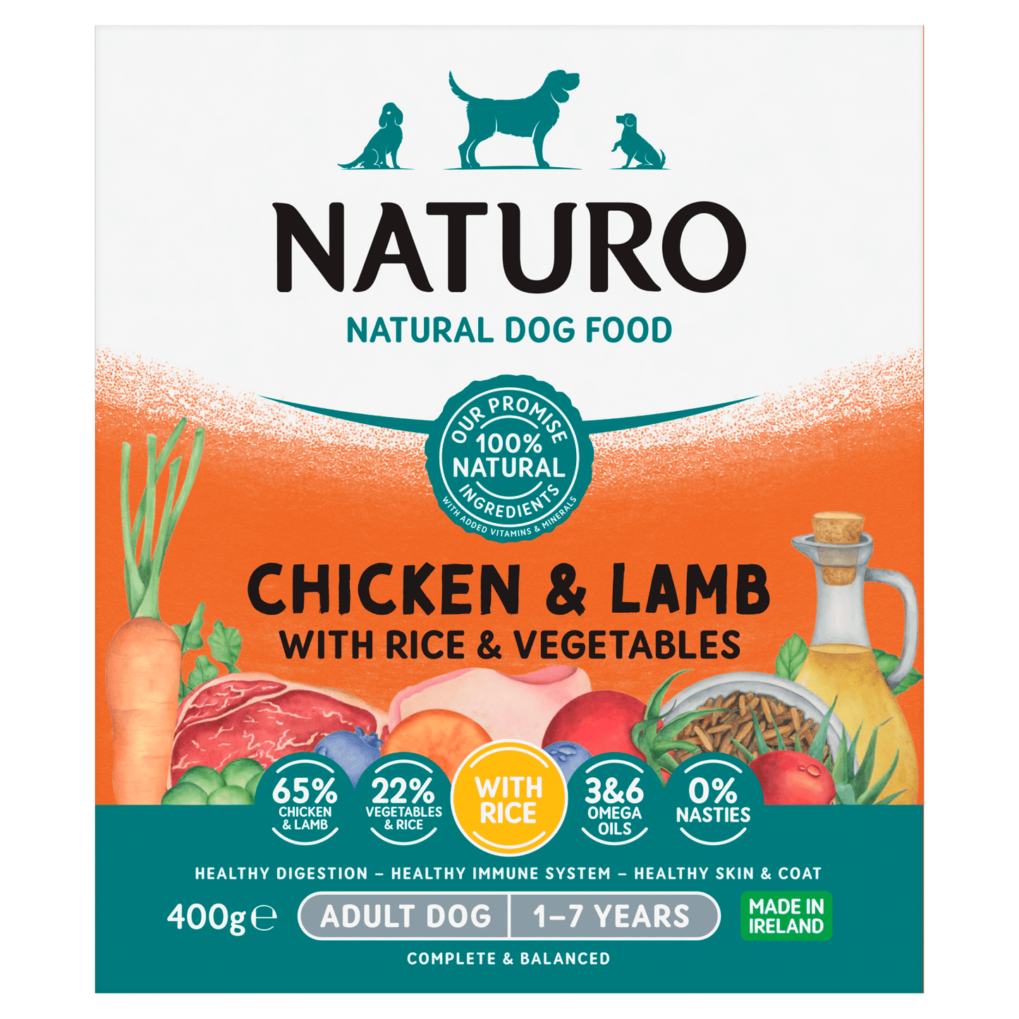 Naturo Natural Dog Food Chicken & Lamb with Rice and Vegetables Adult Dog 1 to 7 Years 400g - UK Food & Drink - 5010708724004