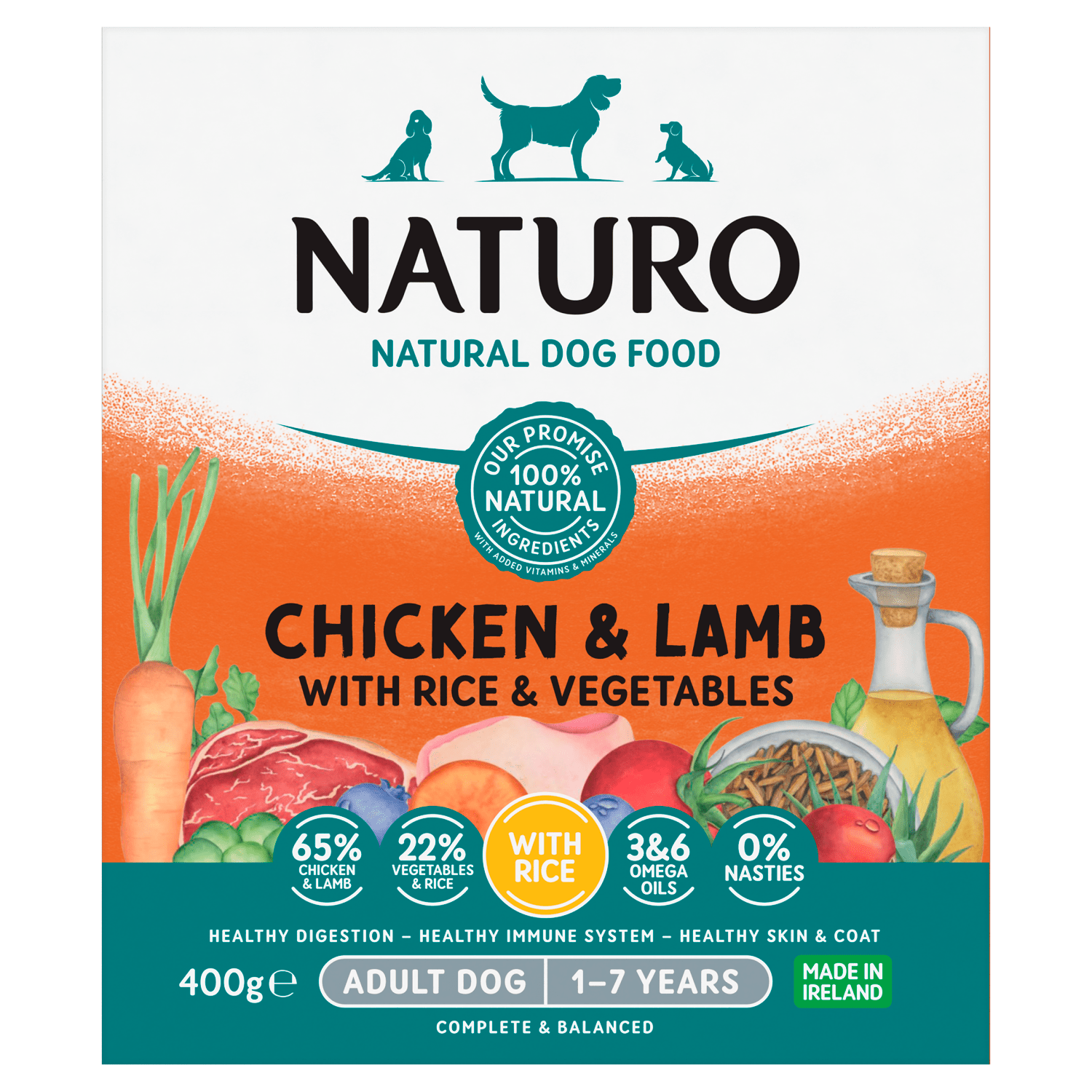 Naturo Natural Dog Food Chicken & Lamb with Rice and Vegetables Adult Dog 1 to 7 Years 400g - UK Food & Drink - 5010708724004