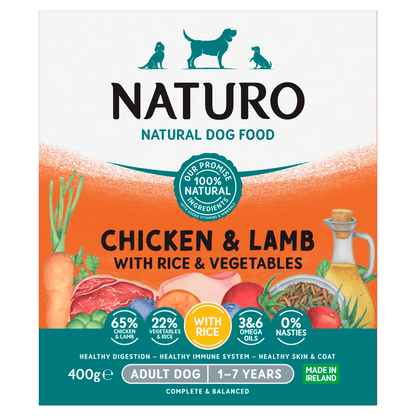 Naturo Natural Dog Food Chicken & Lamb with Rice and Vegetables Adult Dog 1 to 7 Years 400g - UK Food & Drink - 5010708724004