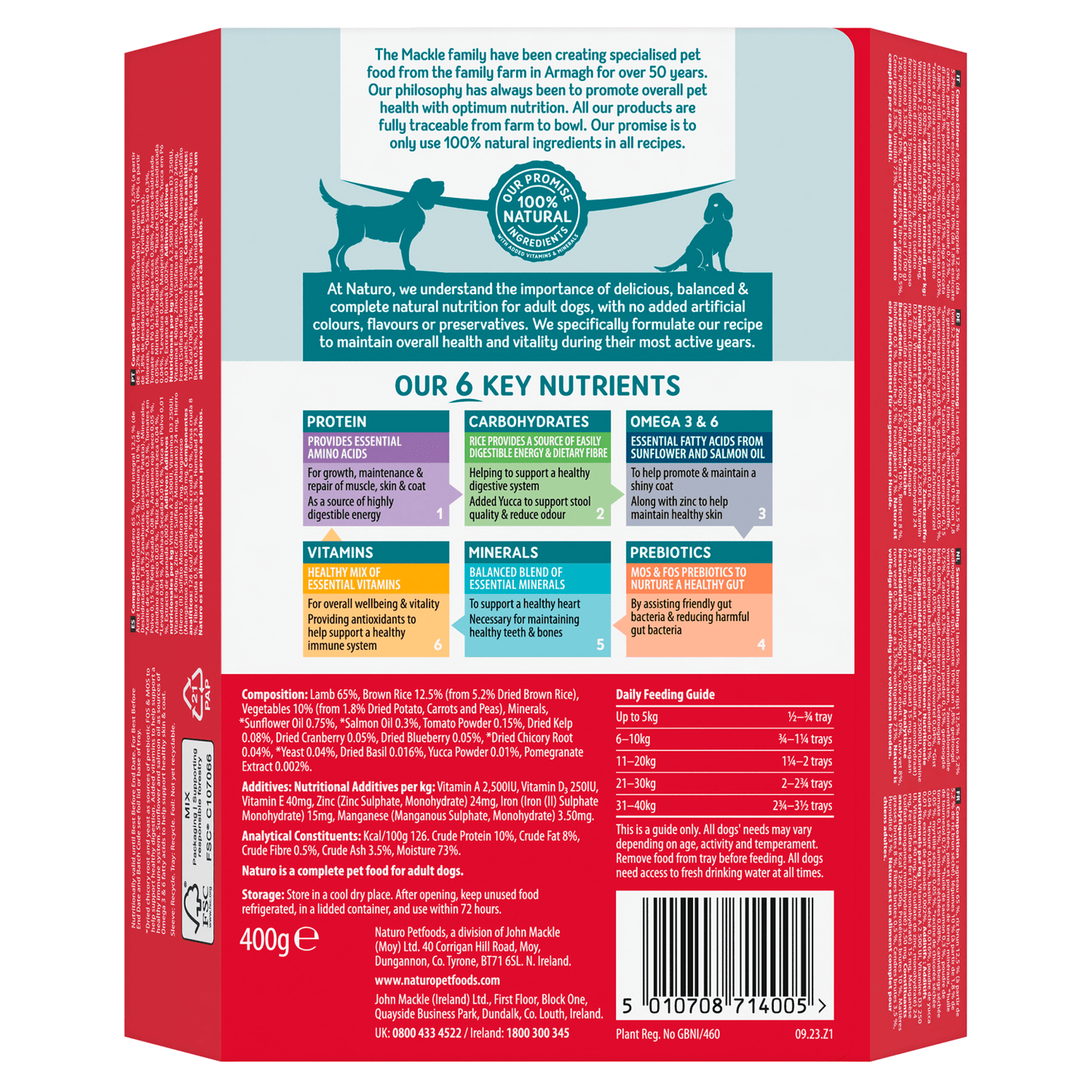 Naturo Natural Dog Food Lamb with Rice and Vegetables Adult Dog 1 to 7 Years 400g - UK Food & Drink - 5010708714005