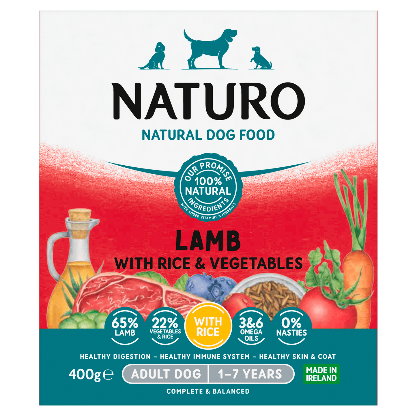 Naturo Natural Dog Food Lamb with Rice and Vegetables Adult Dog 1 to 7 Years 400g - UK Food & Drink - 5010708714005