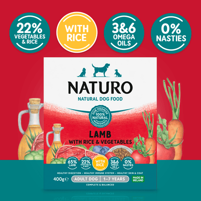 Naturo Natural Dog Food Lamb with Rice and Vegetables Adult Dog 1 to 7 Years 400g - UK Food & Drink - 5010708714005