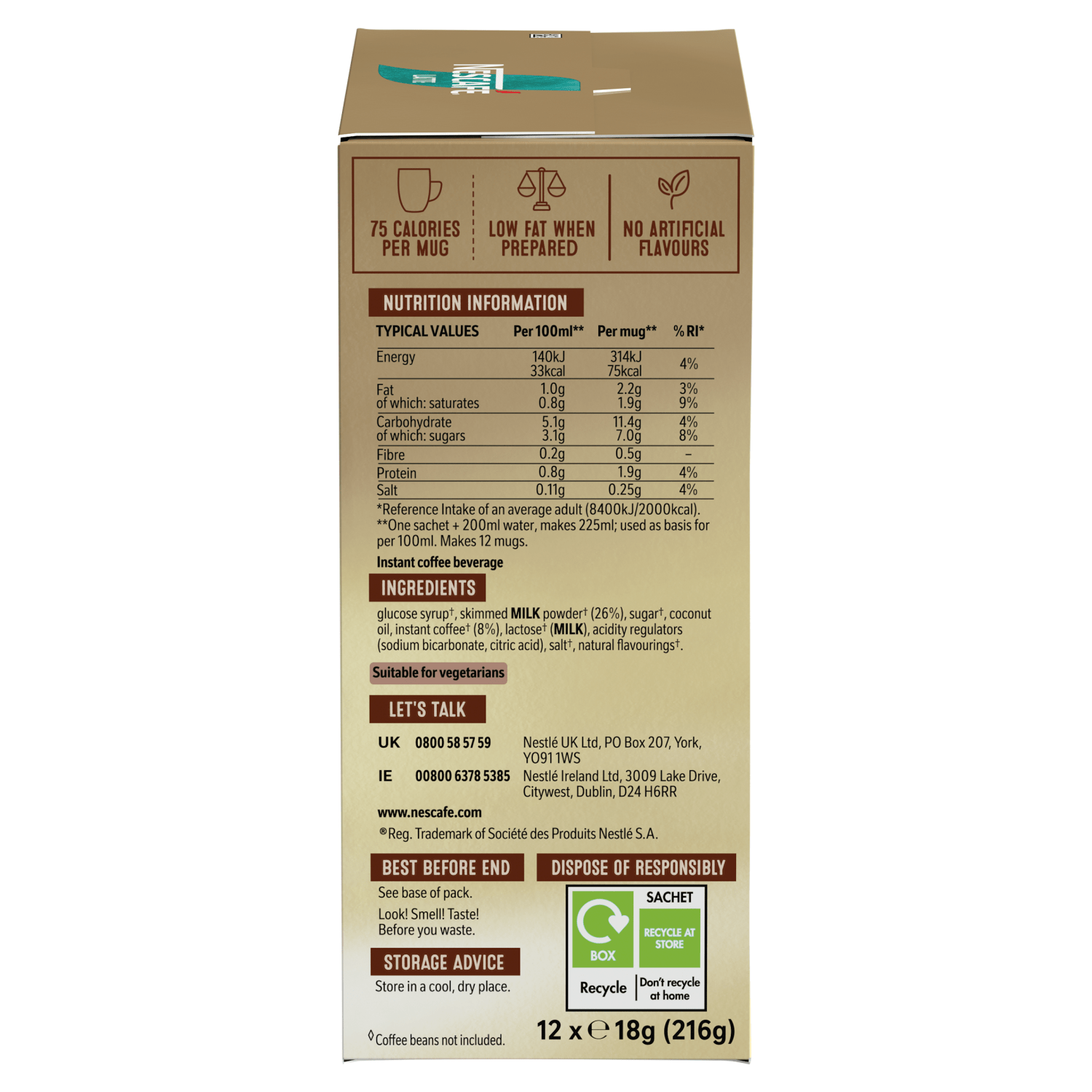 Nescafe Latte 12 x 18g (216g) - UK Food & Drink - 8445290941589