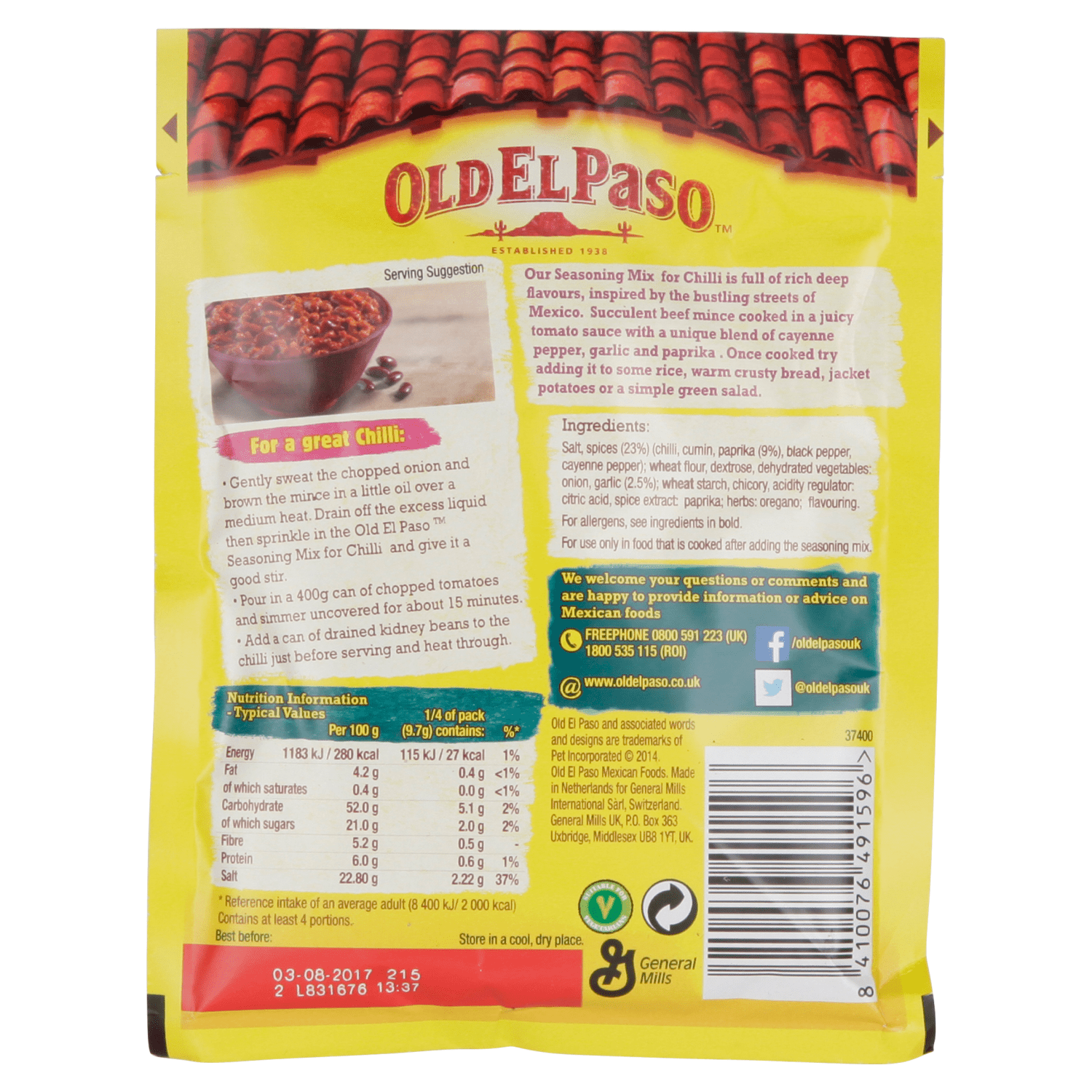 Old El Paso Chili Con Carne Seasoning Mix 39g - UK Food & Drink - 8410076491596