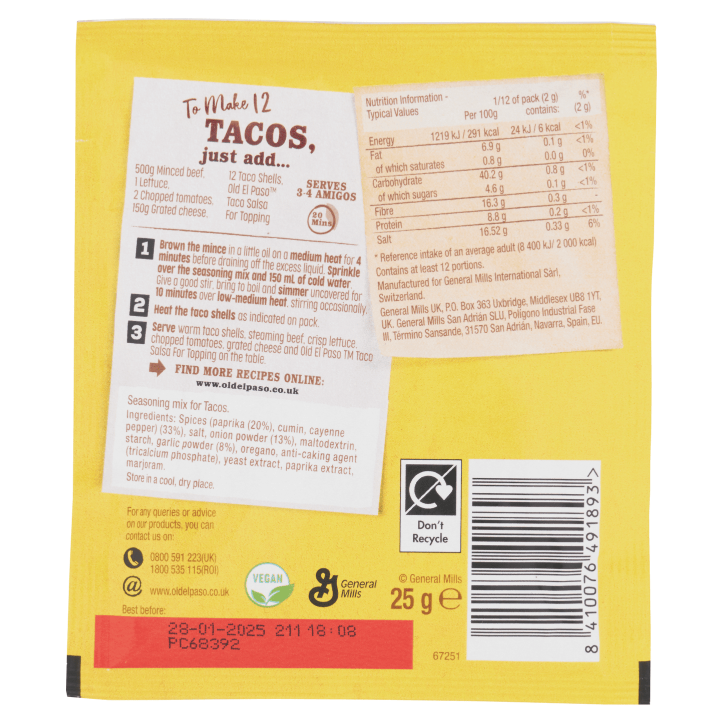 Old El Paso Taco Seasoning Mix 25g - UK Food & Drink - 8410076491893
