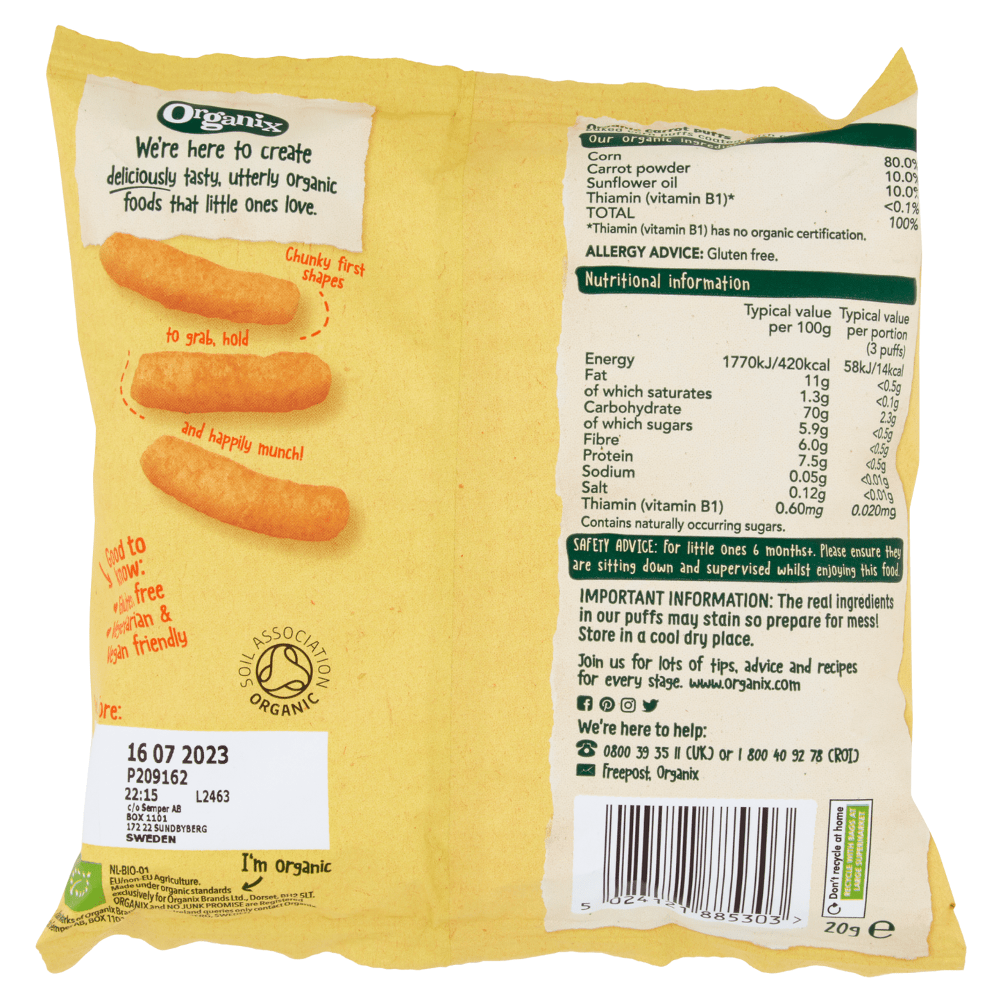 Organix Melty Carrot Puffs Organic Baby Finger Food Snack 20g - UK Food & Drink - 5024121885303