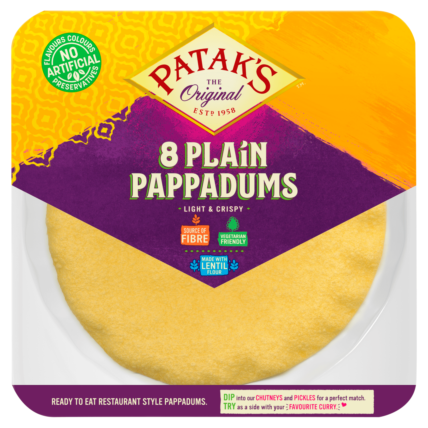 Patak's The Original 8 Plain Pappadums 64g - UK Food & Drink - 5011308325776