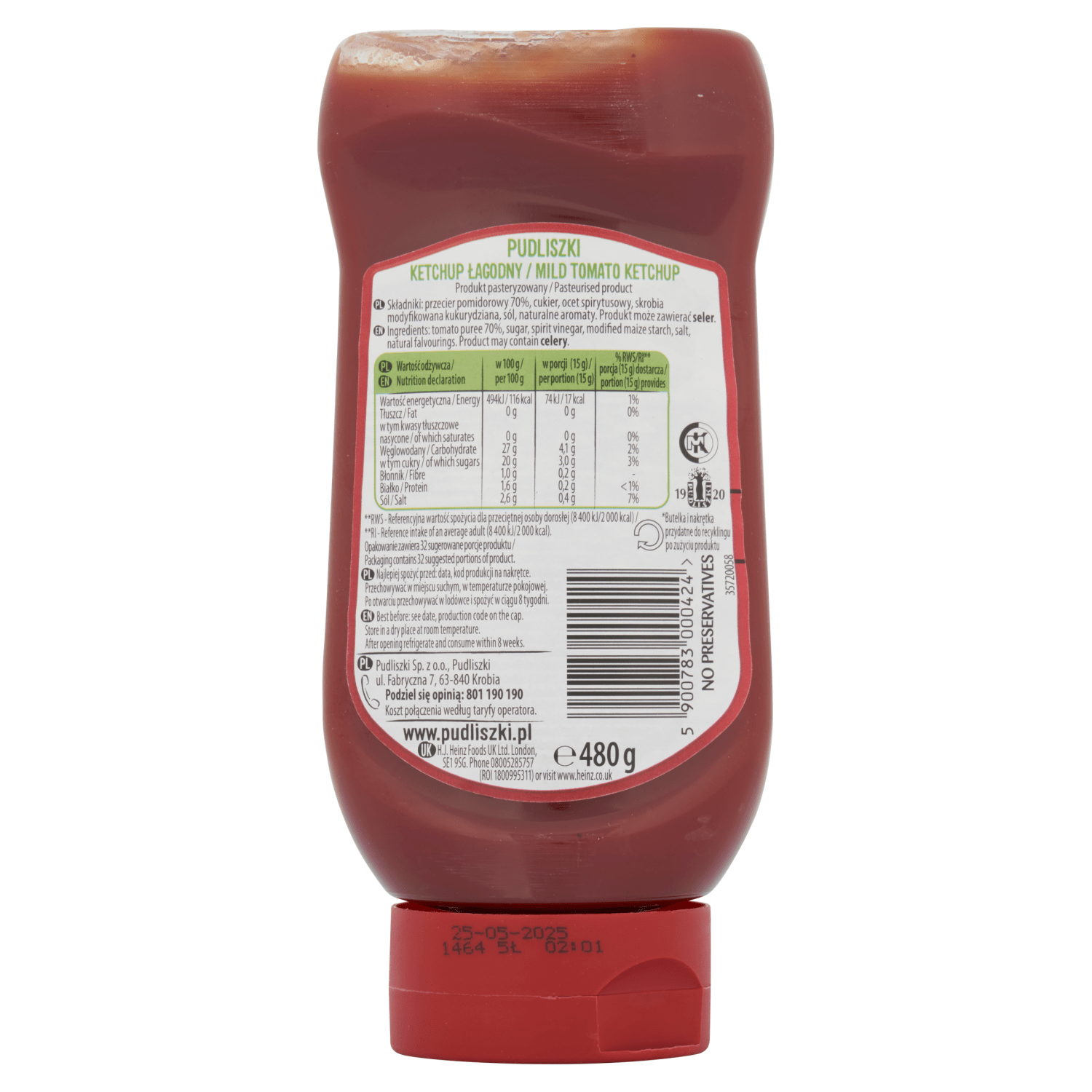 Pudliszki Mild Tomato Ketchup 480g - UK Food & Drink - 5900783000424