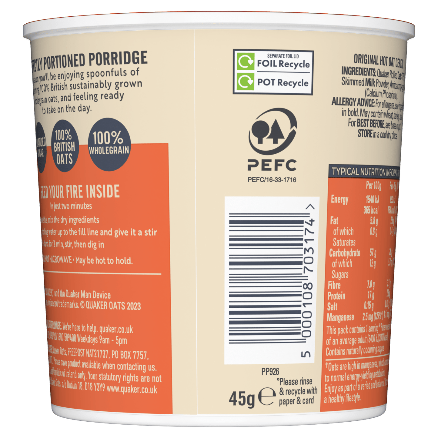 Quaker Oat Original Porridge Pot 45g - UK Food & Drink - 5000108703174