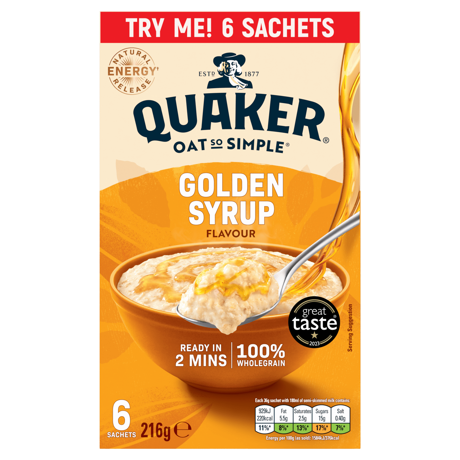 Quaker Oat So Simple Golden Syrup Porridge Sachets 6 x 36g - UK Food & Drink - 5000108031789