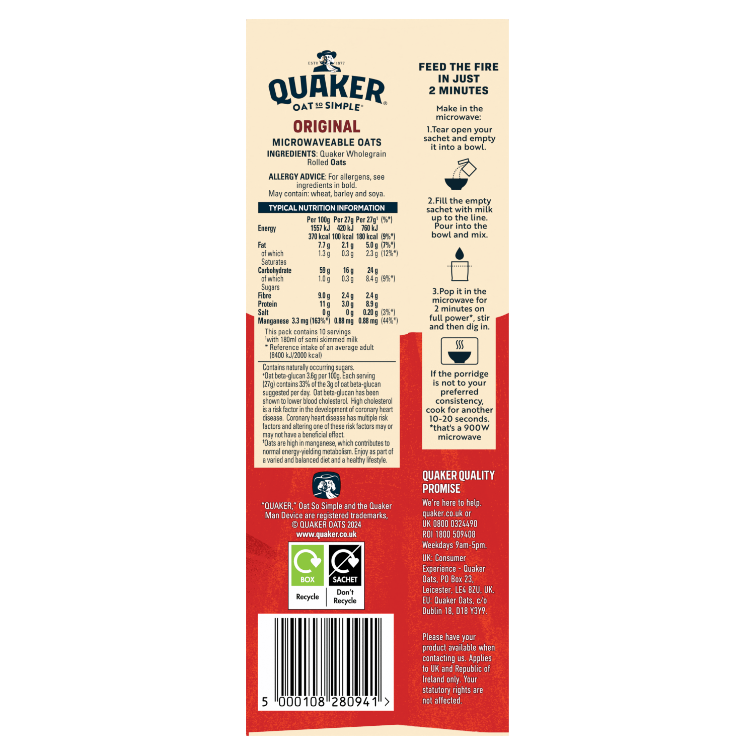 Quaker Oat So Simple Original Porridge Sachets 10x27g - UK Food & Drink - 5000108280941