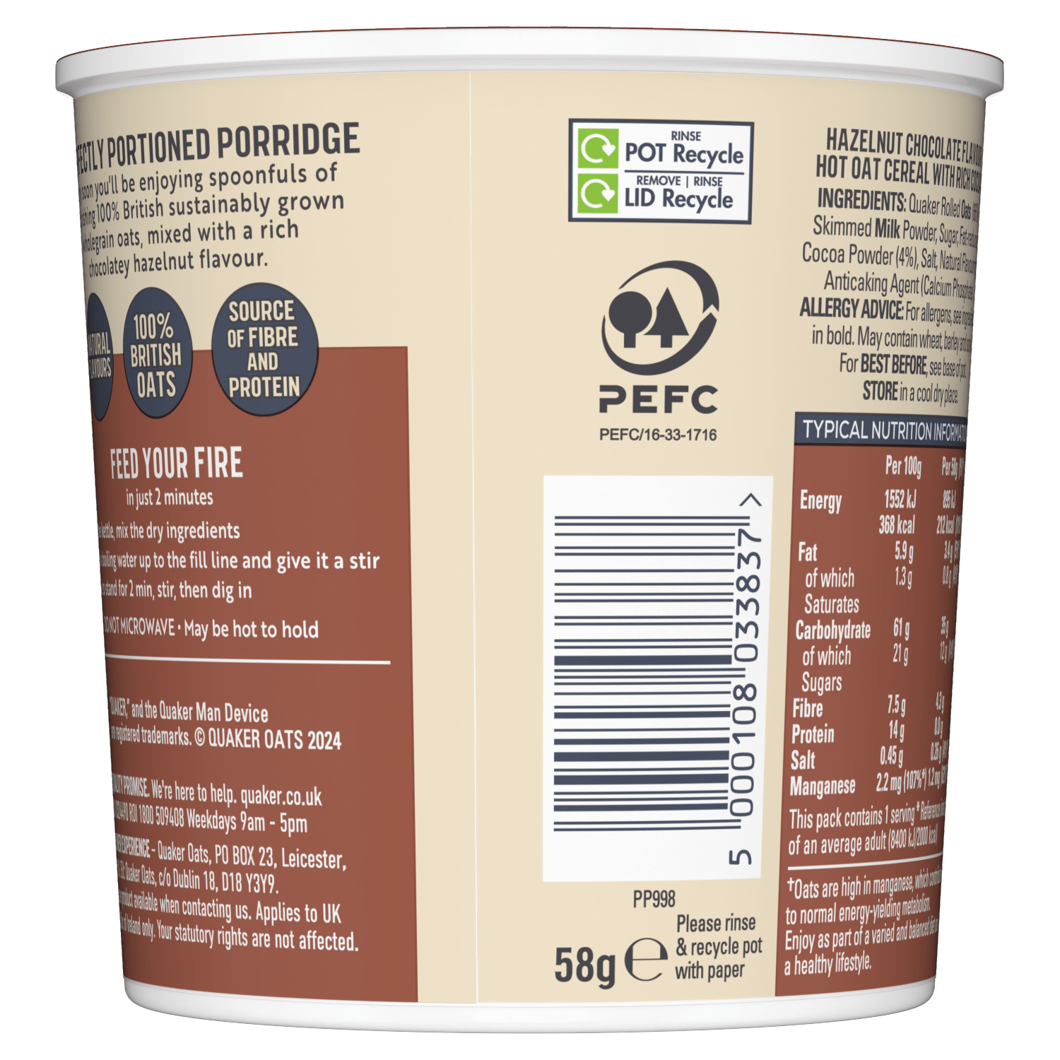 Quaker Oats Hazelnut Chocolate Porridge Pot 58g - UK Food & Drink - 5000108033837