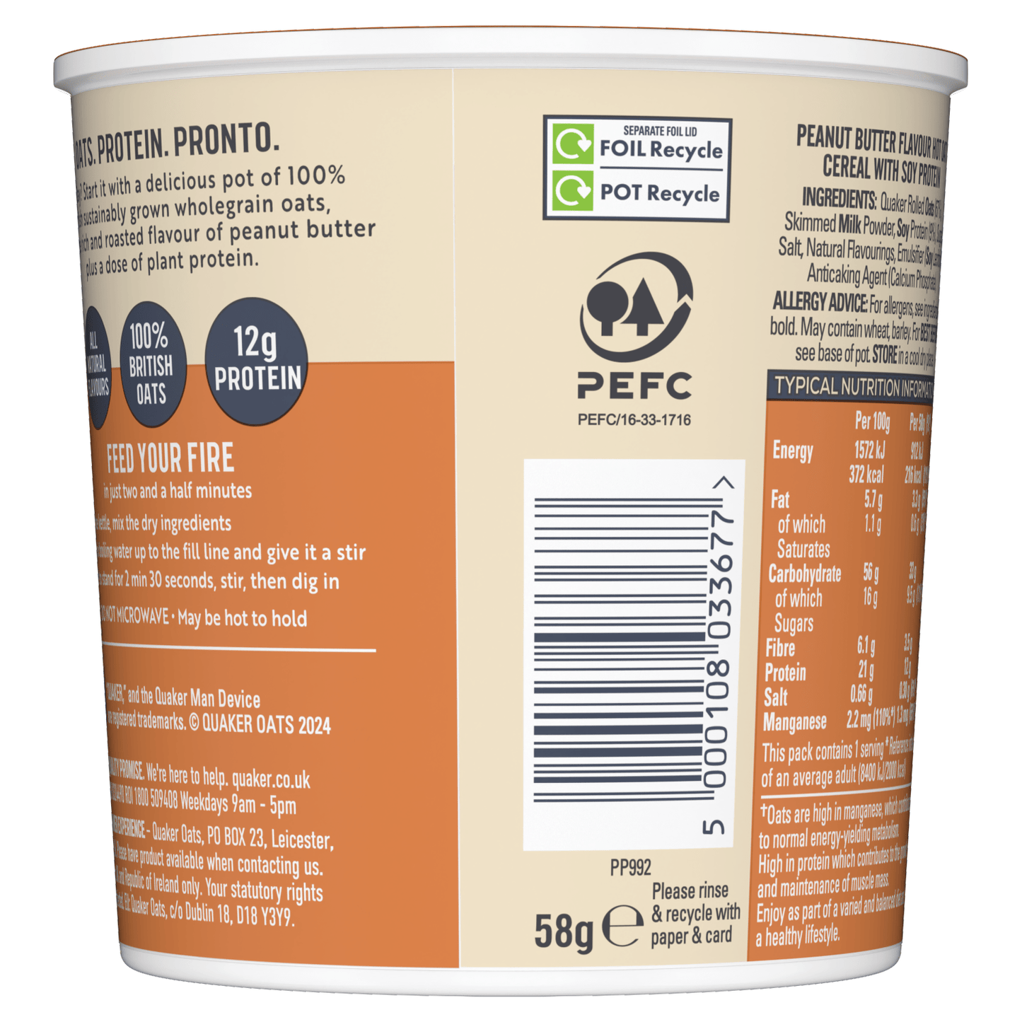Quaker Oats High Protein Peanut Butter Porridge Pot 59g - UK Food & Drink - 5000108033677