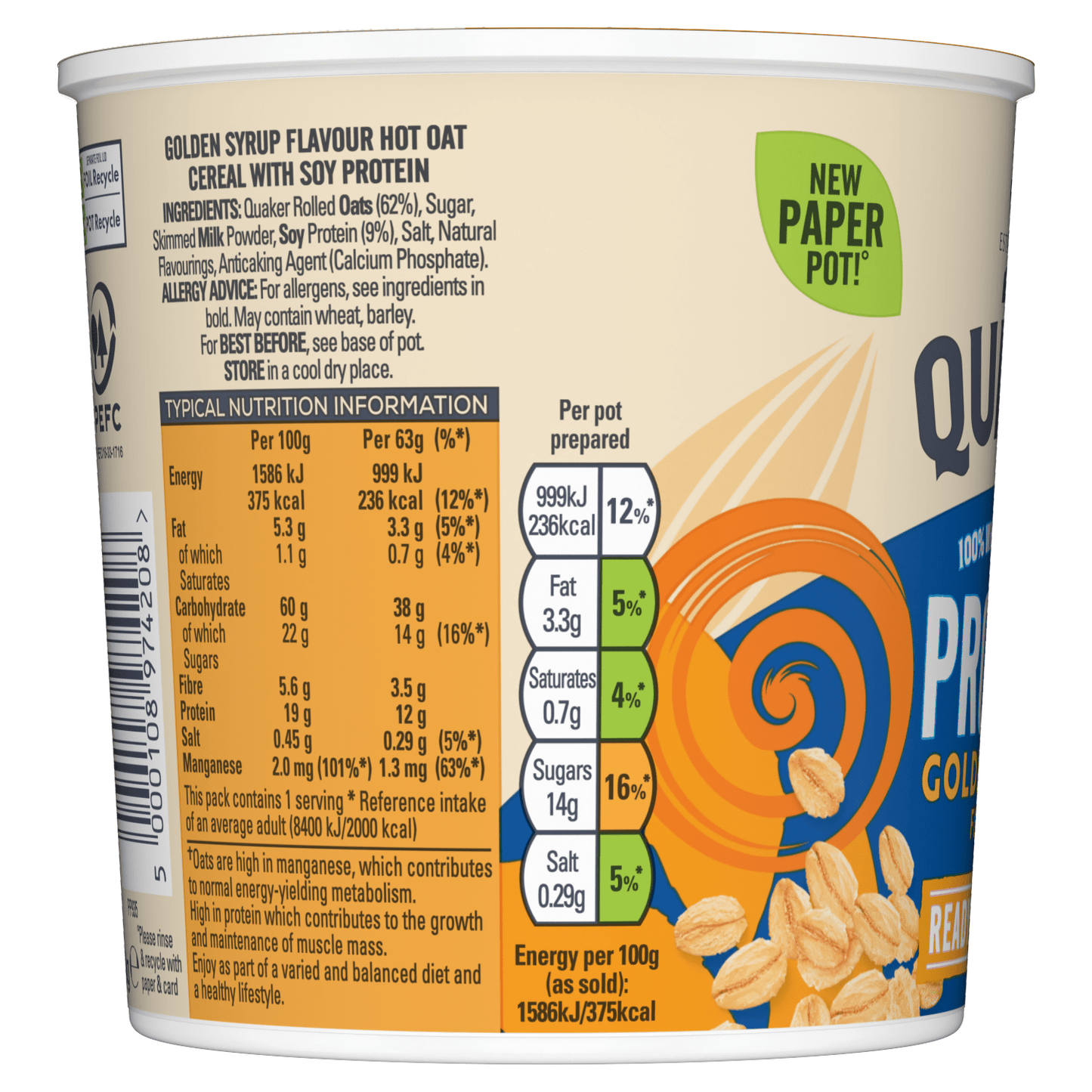 Quaker Oats Protein Golden Syrup Porridge Pot 63g - UK Food & Drink - 5000108974208