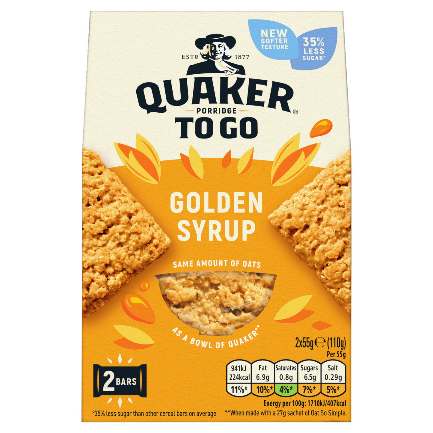 Quaker Porridge To Go Golden Syrup Breakfast Bars 2x55g - UK Food & Drink - 5000108763024
