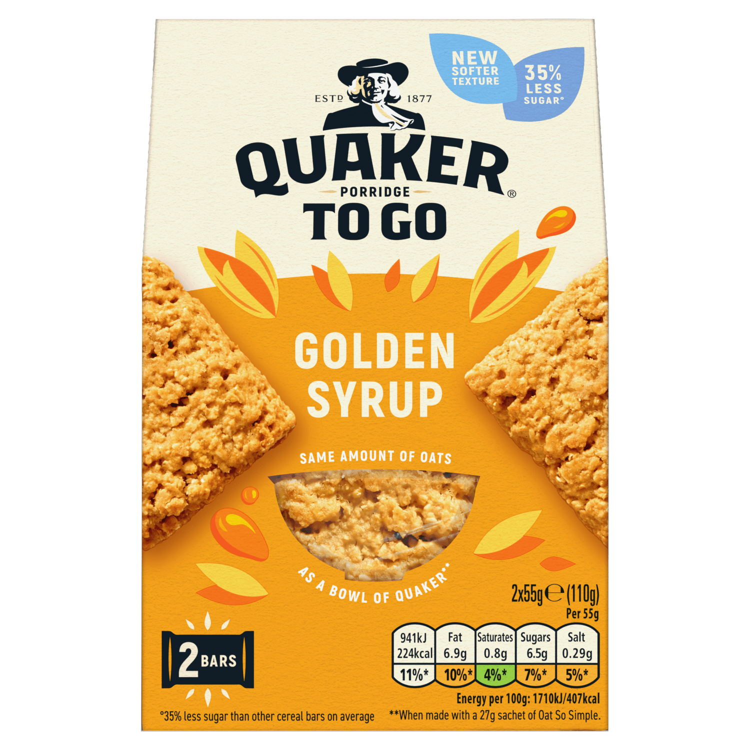 Quaker Porridge To Go Golden Syrup Breakfast Bars 2x55g - UK Food & Drink - 5000108763024