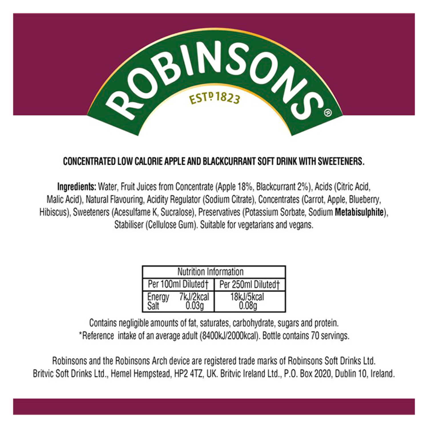 Robinsons Double Strength Apple & Blackcurrant No Added Sugar Fruit Squash 1.75L - UK Food & Drink - 5010102115491