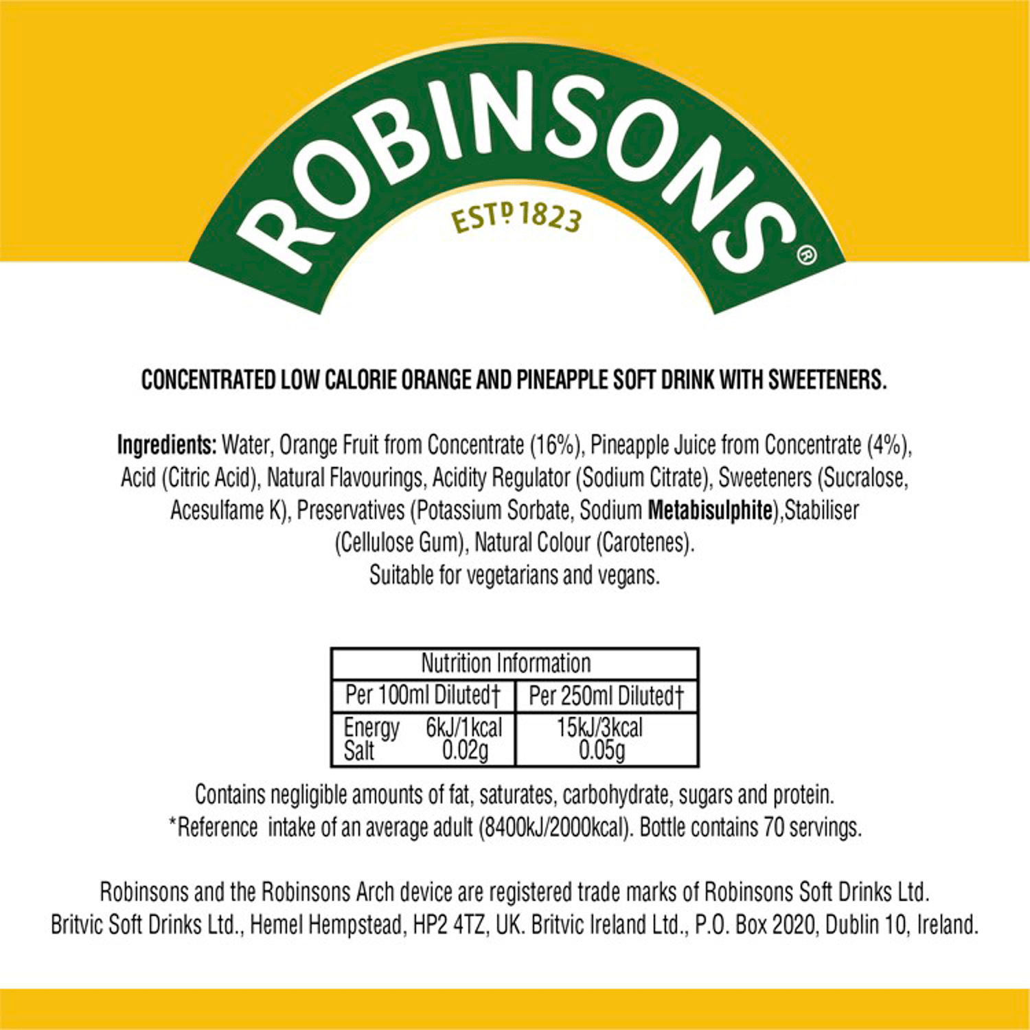 Robinsons Double Strength Orange & Pineapple No Added Sugar Fruit Squash 1.75 L - UK Food & Drink - 5010102115545