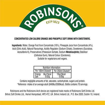 Robinsons Double Strength Orange & Pineapple No Added Sugar Fruit Squash 1.75 L - UK Food & Drink - 5010102115545