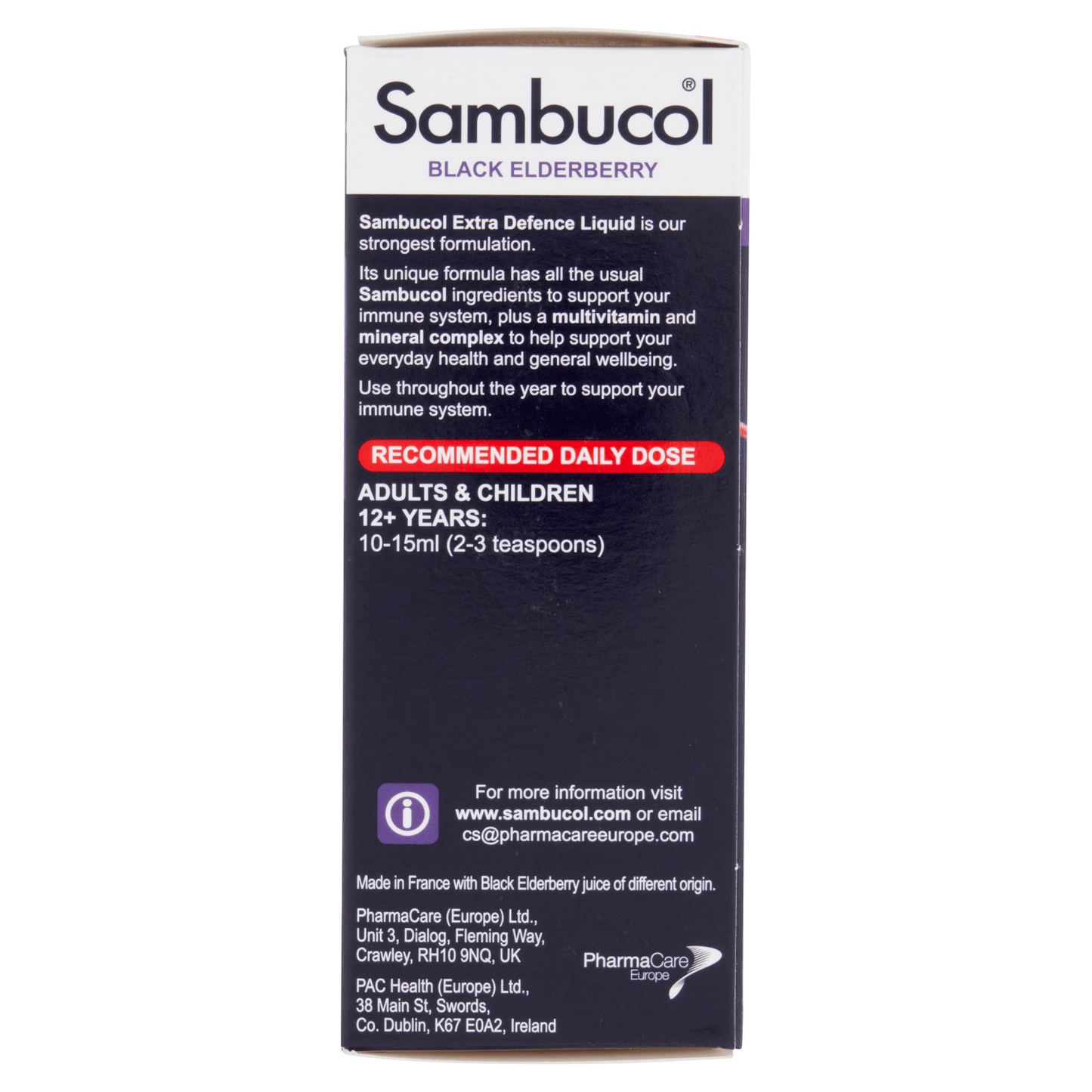 Sambucol Black Elderberry Extra Defence Extra Vitamin C + Zinc + Vitamins + Minerals Liquid 120ml - UK Food & Drink - 5060216560724
