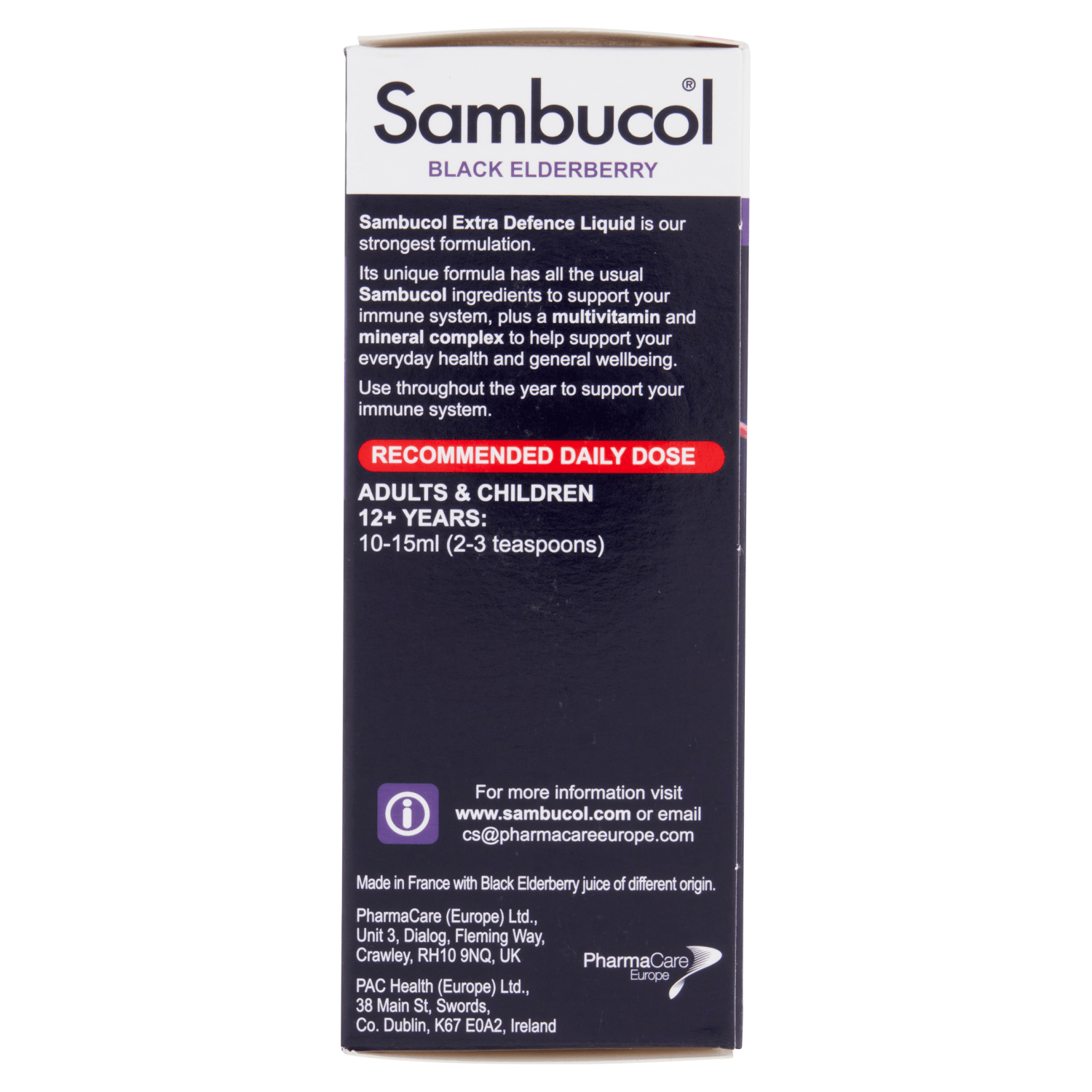 Sambucol Black Elderberry Extra Defence Extra Vitamin C + Zinc + Vitamins + Minerals Liquid 120ml - UK Food & Drink - 5060216560724
