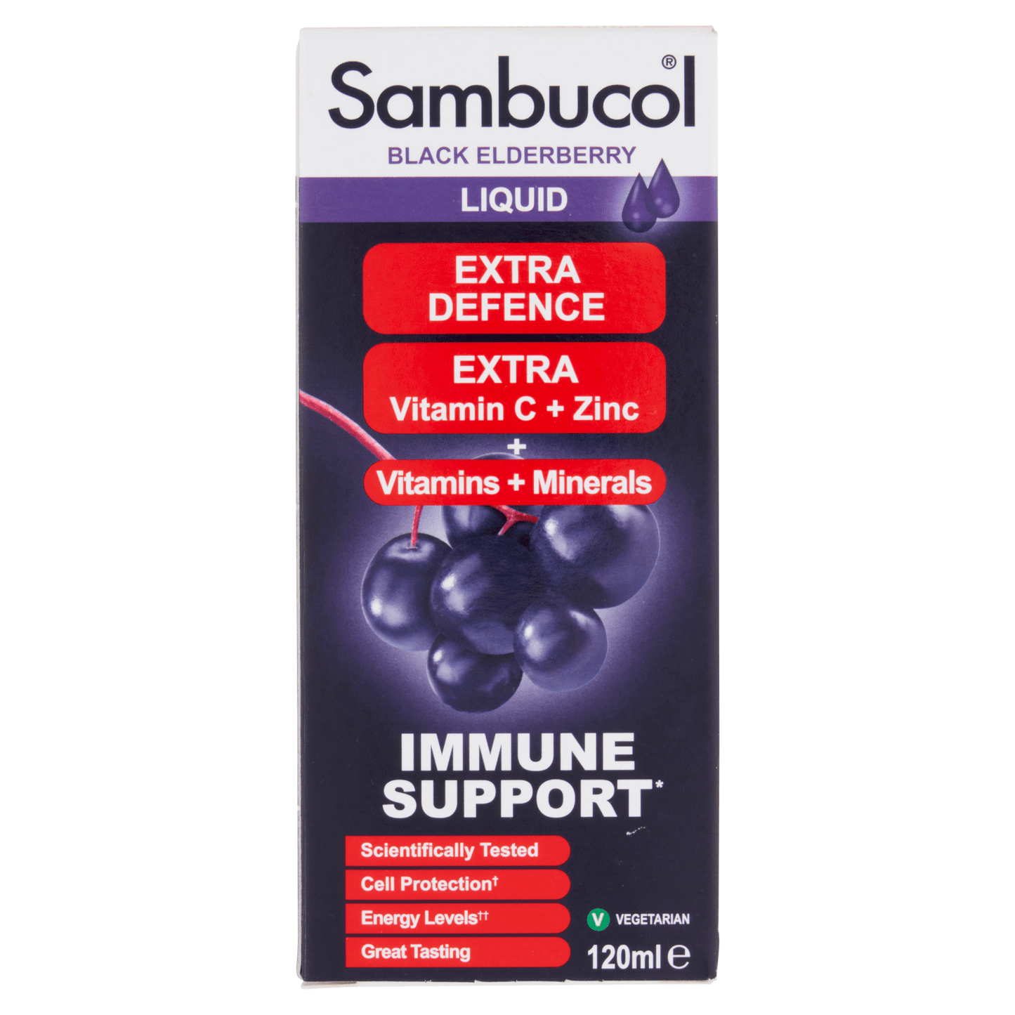 Sambucol Black Elderberry Extra Defence Extra Vitamin C + Zinc + Vitamins + Minerals Liquid 120ml - UK Food & Drink - 5060216560724