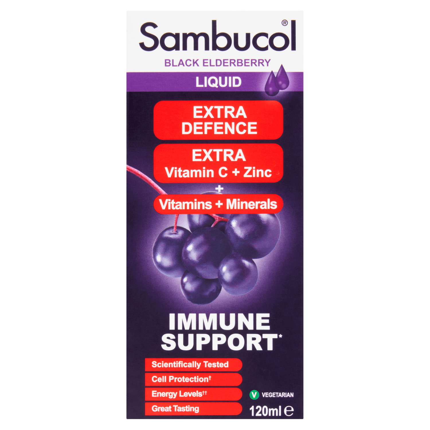 Sambucol Black Elderberry Extra Defence Extra Vitamin C + Zinc + Vitamins + Minerals Liquid 120ml - UK Food & Drink - 5060216560724