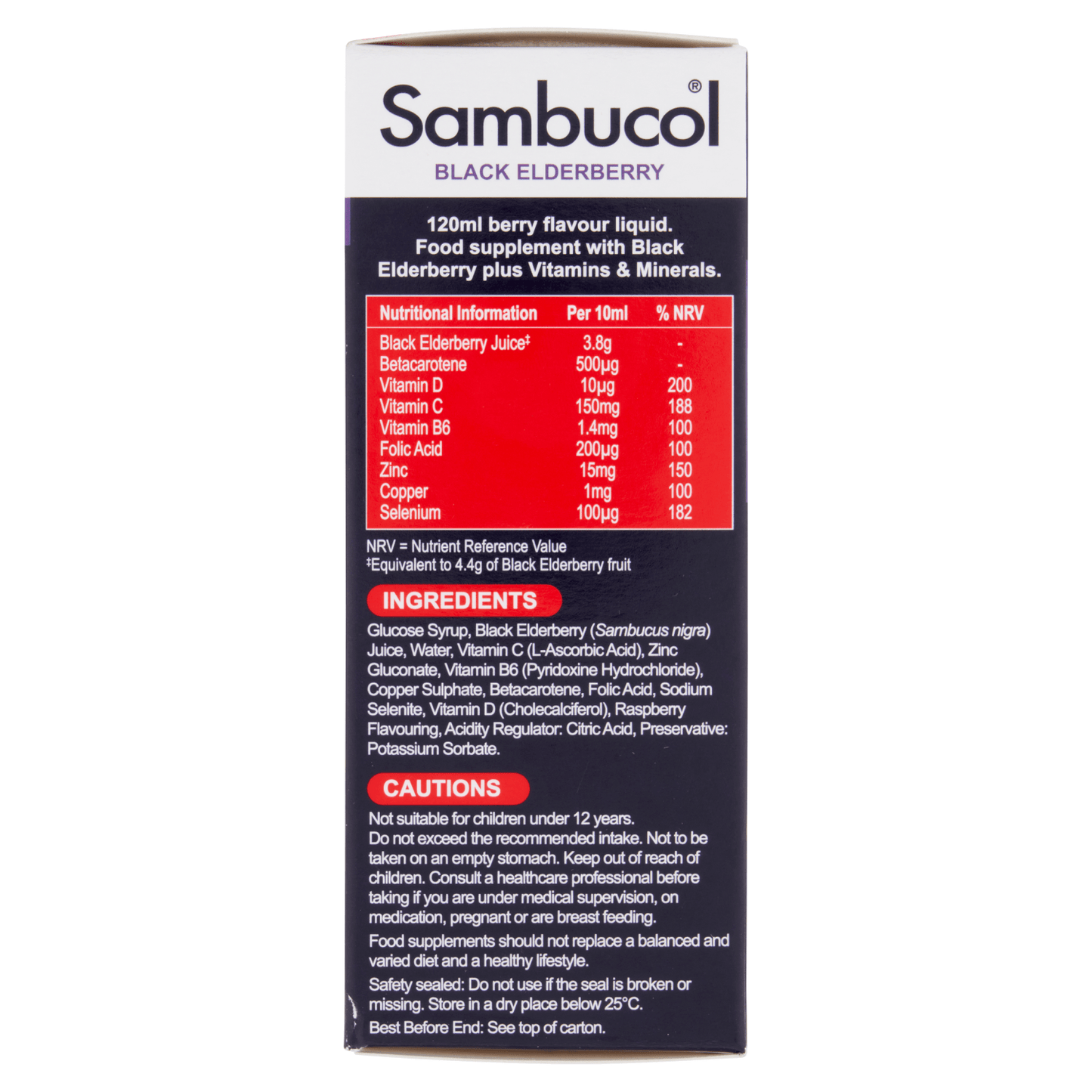Sambucol Black Elderberry Extra Defence Extra Vitamin C + Zinc + Vitamins + Minerals Liquid 120ml - UK Food & Drink - 5060216560724
