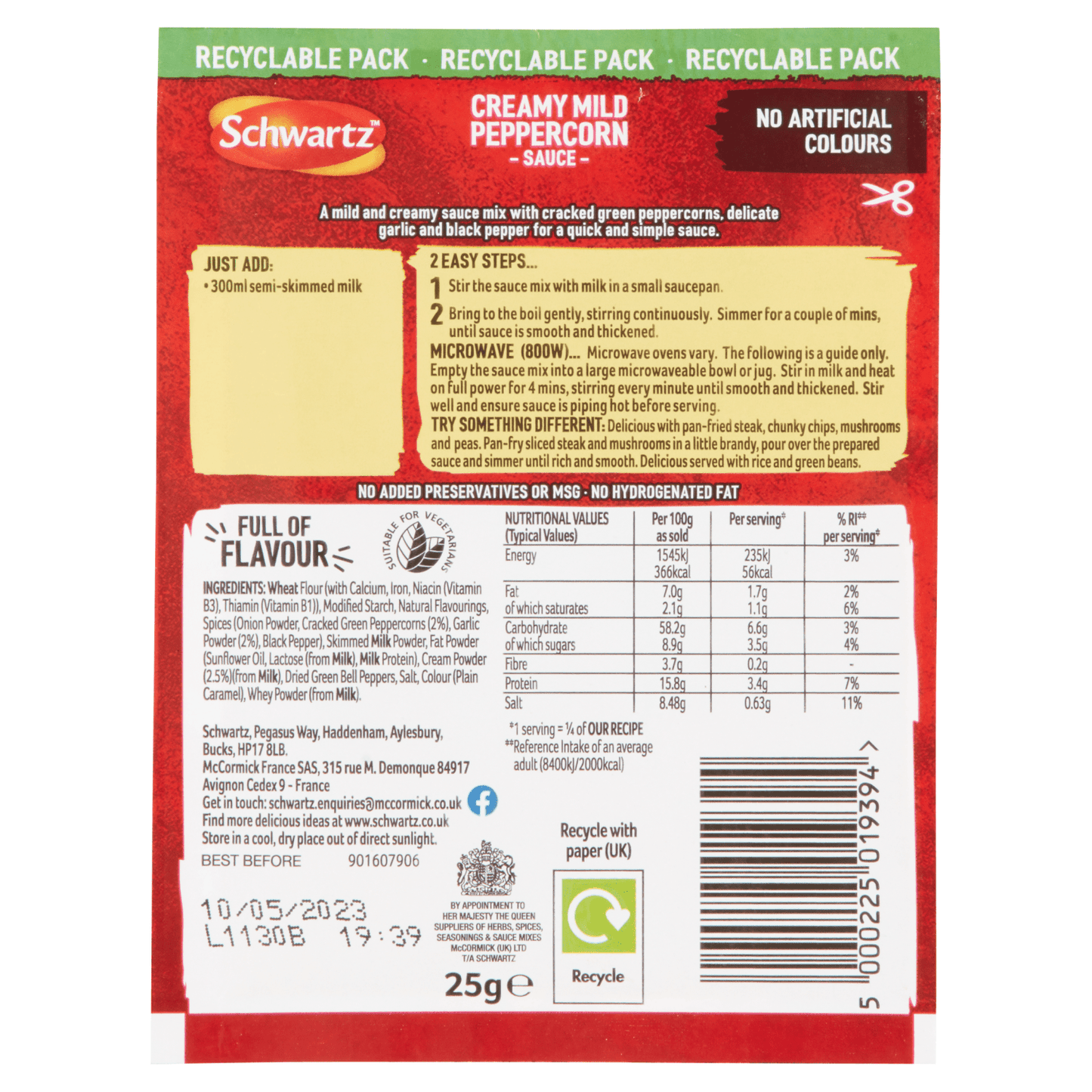 Schwartz Creamy Mild Peppercorn Sauce Mix 25g - UK Food & Drink - 5000225019394