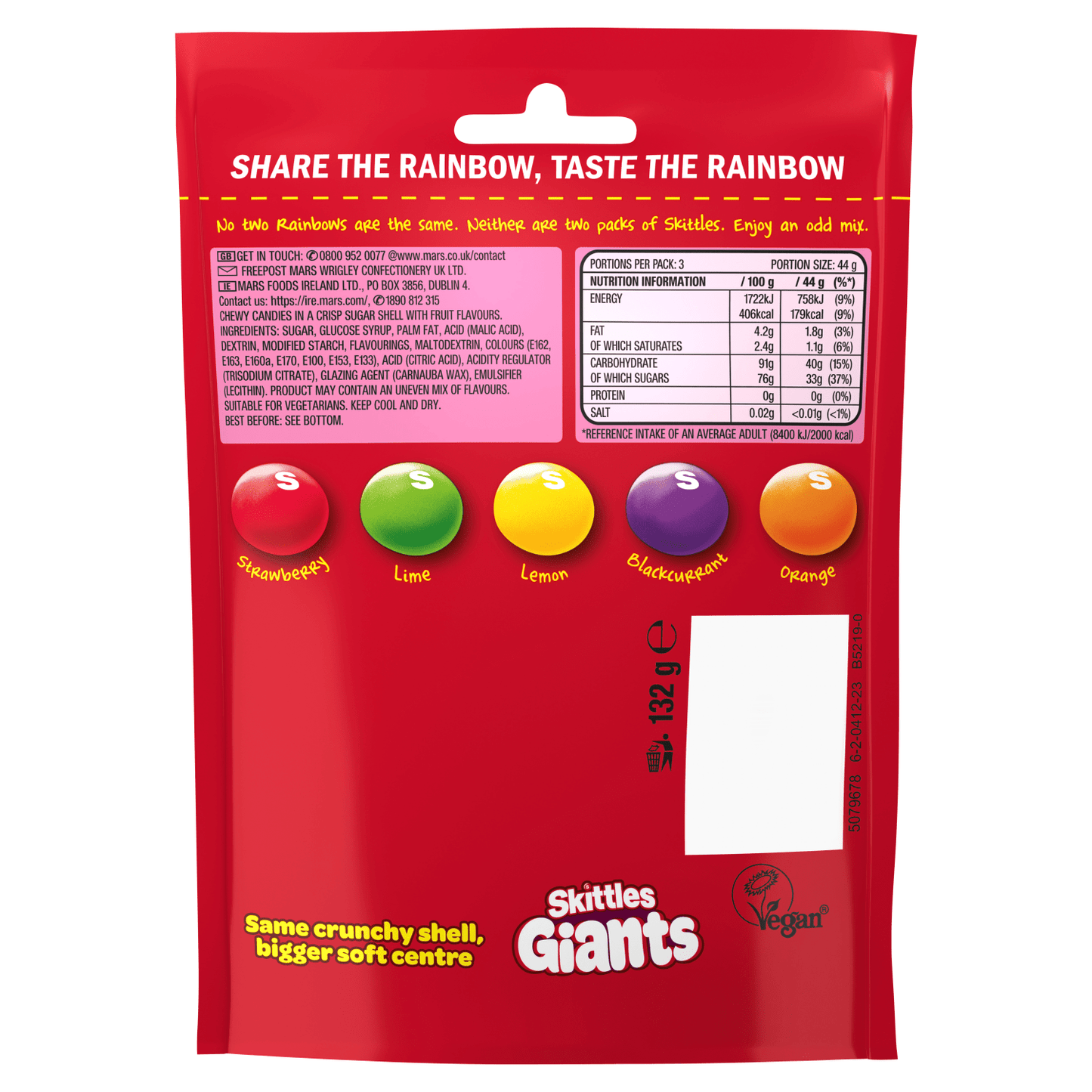 Skittles Fruits Giants 132g - UK Food & Drink - 4009900546164