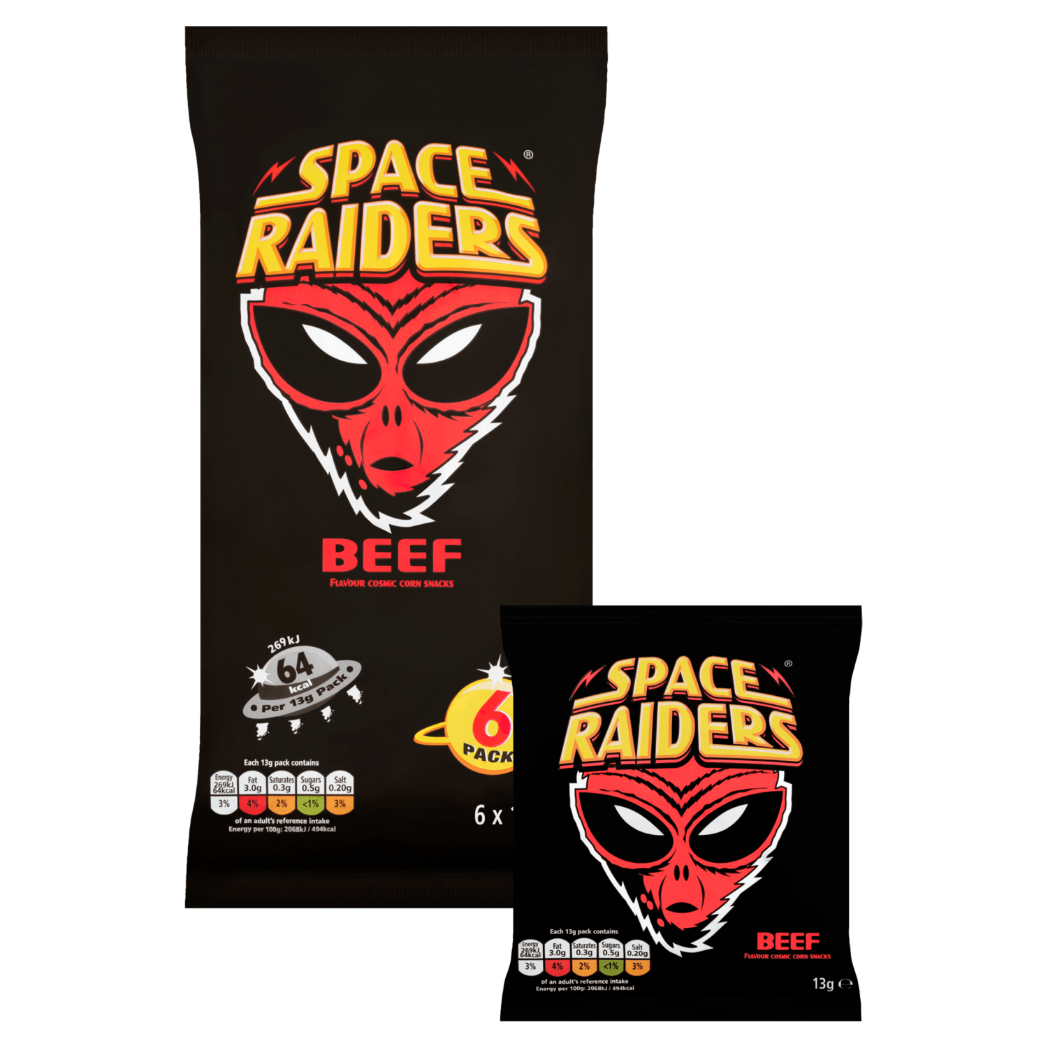 Space Raiders Beef Flavour Cosmic Corn Snacks 6 x 13g - UK Food & Drink - 5000237135389