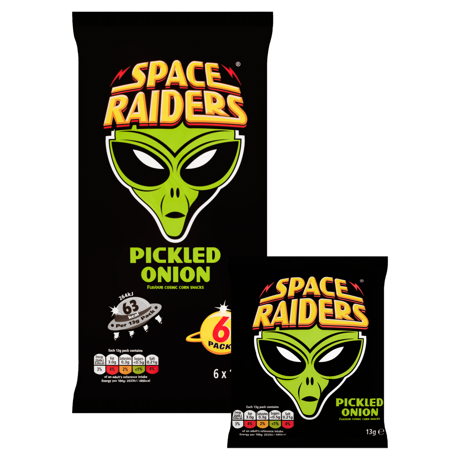Space Raiders Pickled Onion Flavour Cosmic Corn Snack 6 x 13g - UK Food & Drink - 5000237135365
