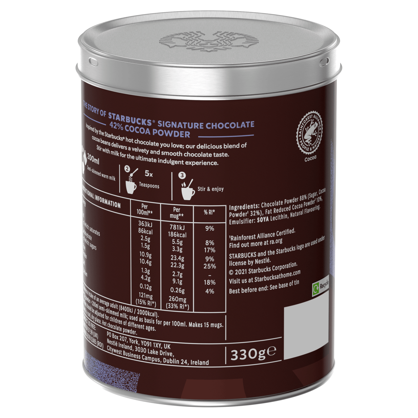 STARBUCKS SIGNATURE CHOCOLATE 42% Cocoa Hot Chocolate Powder 330g Tin - UK Food & Drink - 7613287598998