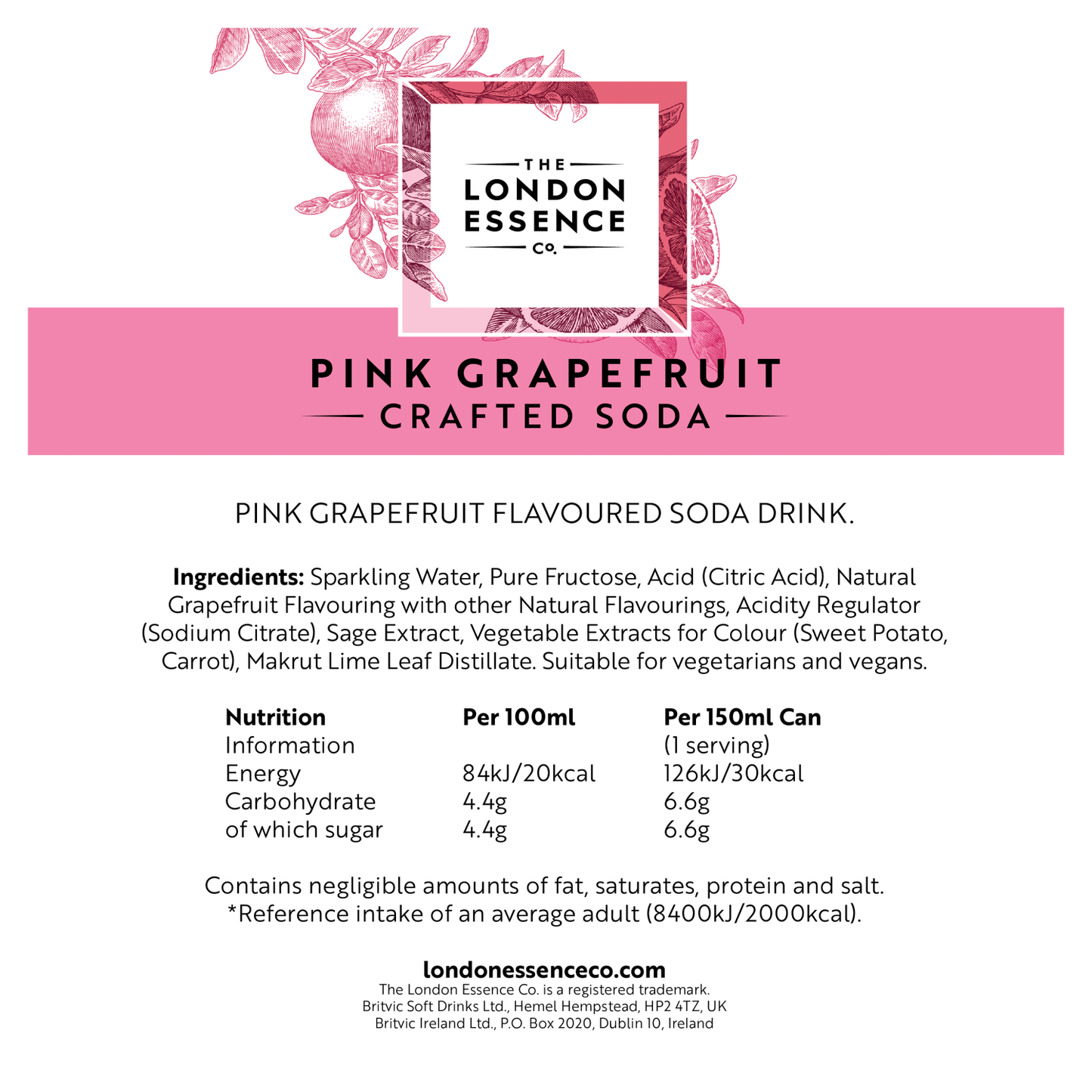 The London Essence Co. Pink Grapefruit Crafted Soda 6 x 150ml - UK Food & Drink - 5010102245365