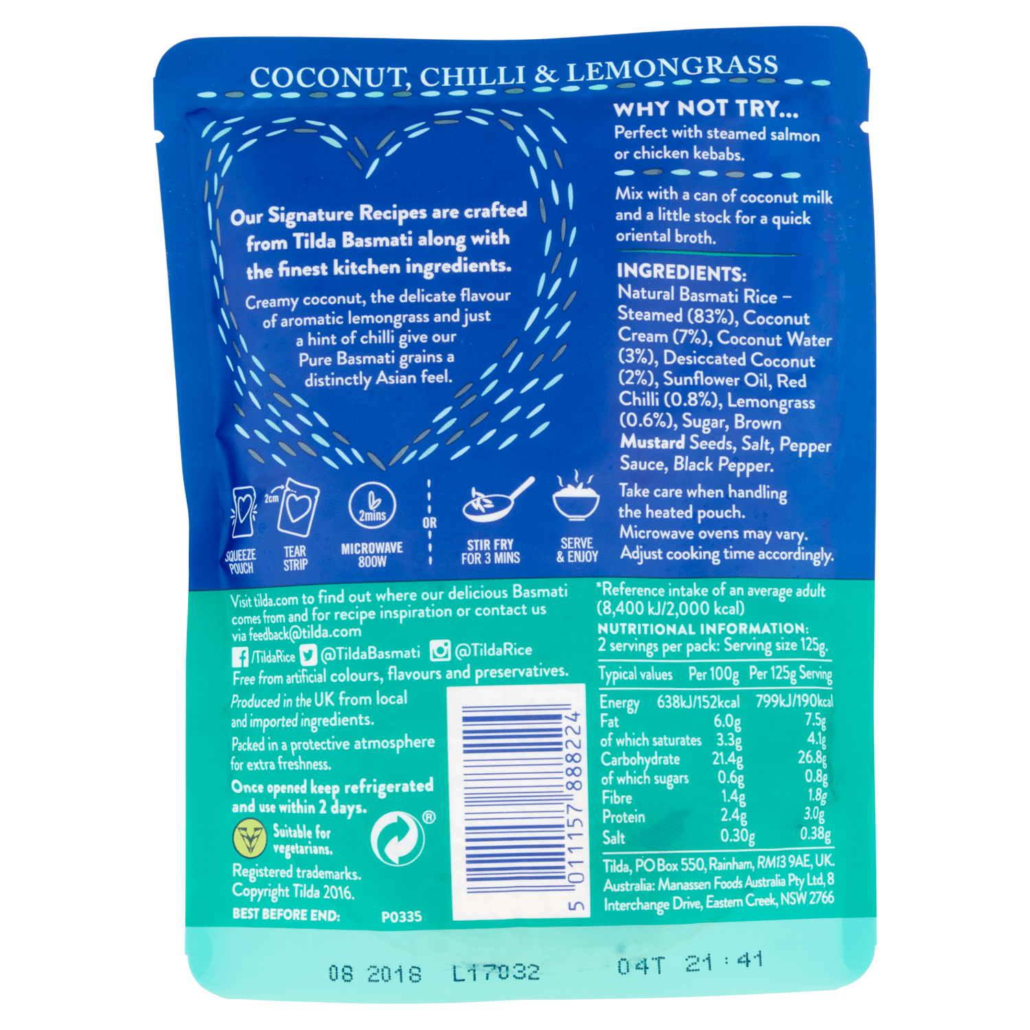 Tilda Coconut, Chilli & Lemongrass Basmati Rice 250g - UK Food & Drink - 5011157888224