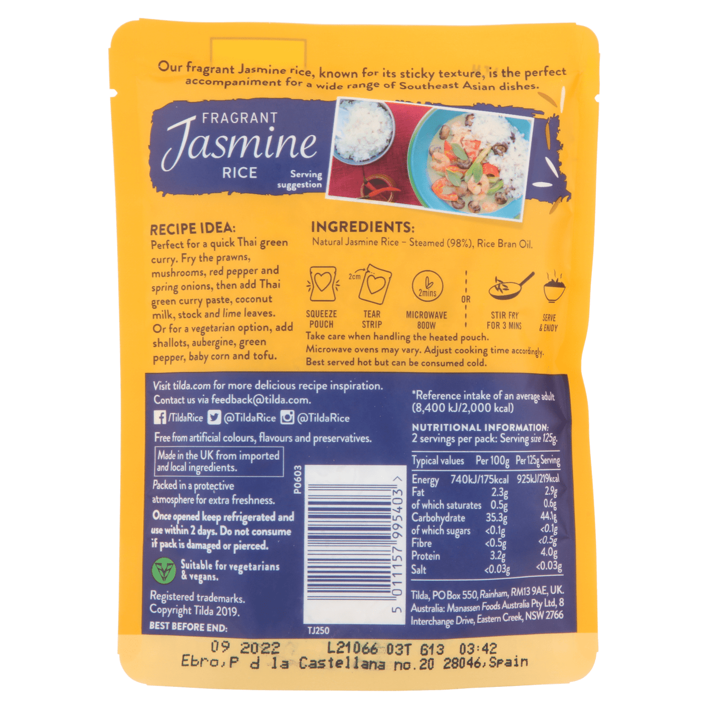 Tilda Microwave Fragrant Jasmine Rice 250g - UK Food & Drink - 5011157995403