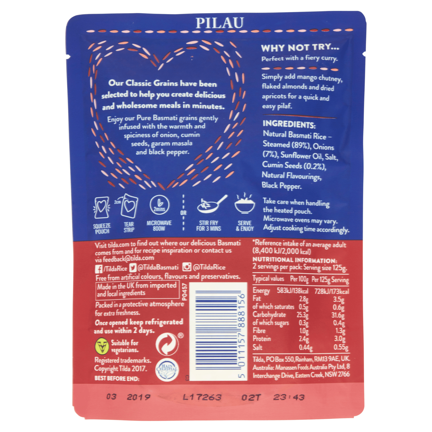 Tilda Microwave Pilau Basmati Rice 250g - UK Food & Drink - 5011157888156