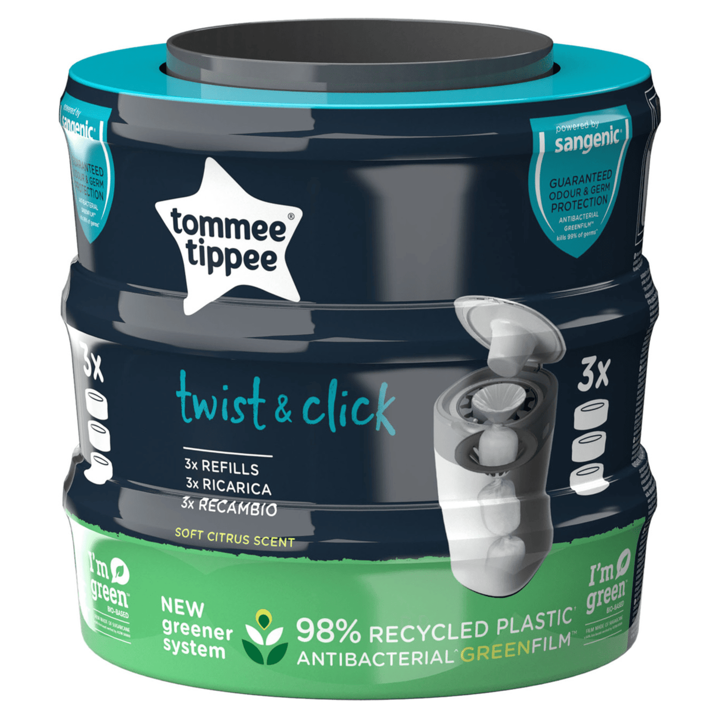 Tommee Tippee 3x Twist & Click Advanced Nappy Bin Refill Cassettes, GREENFILM - UK Food & Drink - 5010415510075