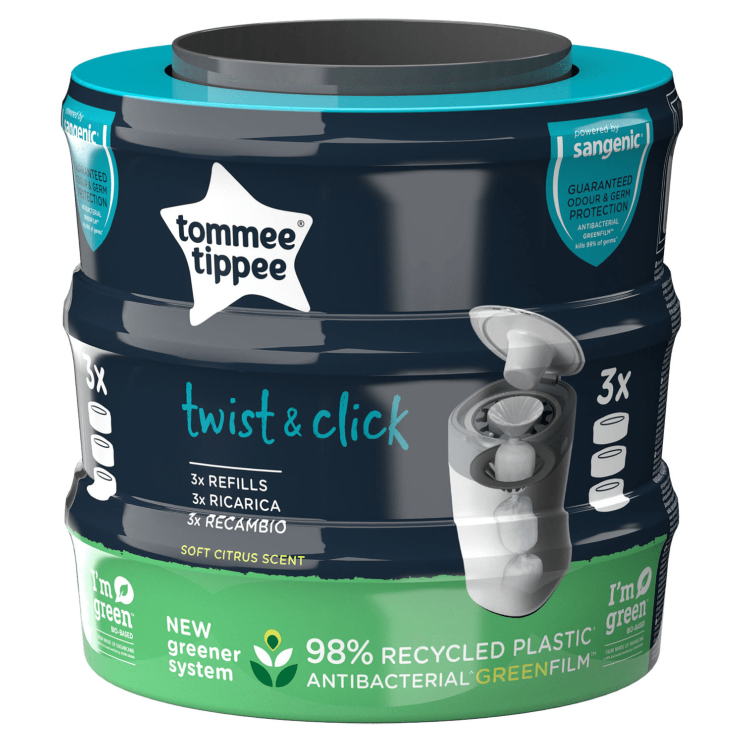 Tommee Tippee 3x Twist & Click Advanced Nappy Bin Refill Cassettes, GREENFILM - UK Food & Drink - 5010415510075
