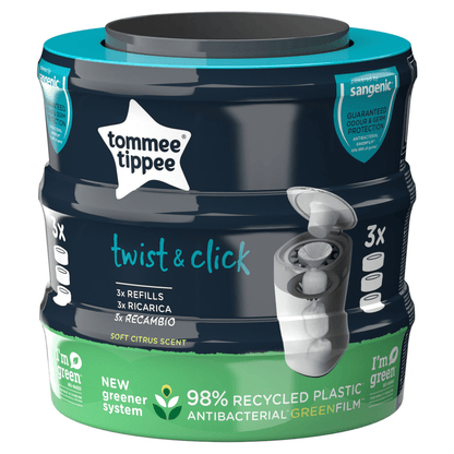 Tommee Tippee 3x Twist & Click Advanced Nappy Bin Refill Cassettes, GREENFILM - UK Food & Drink - 5010415510075