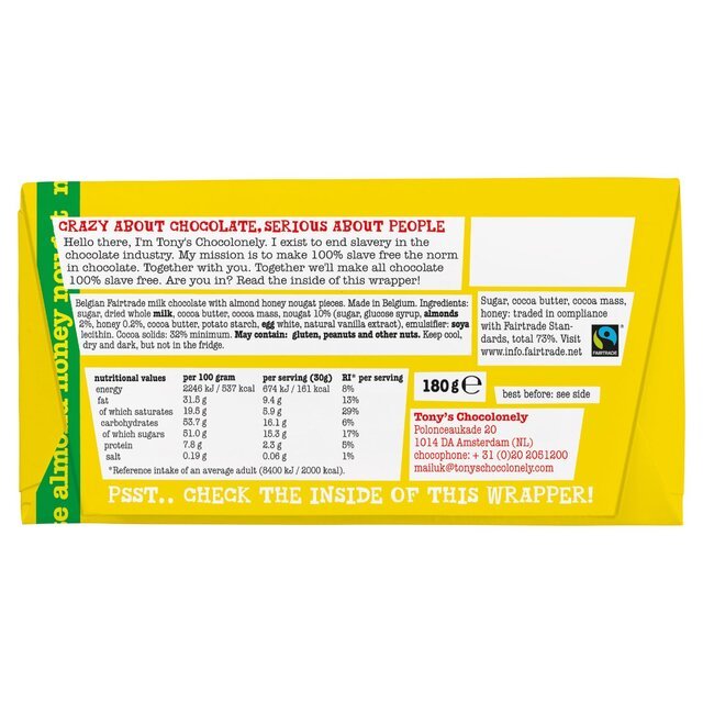 Tony's 32 % Almond Honey Nougat Chocolate Bar 180g - UK Food & Drink - 8717677339976
