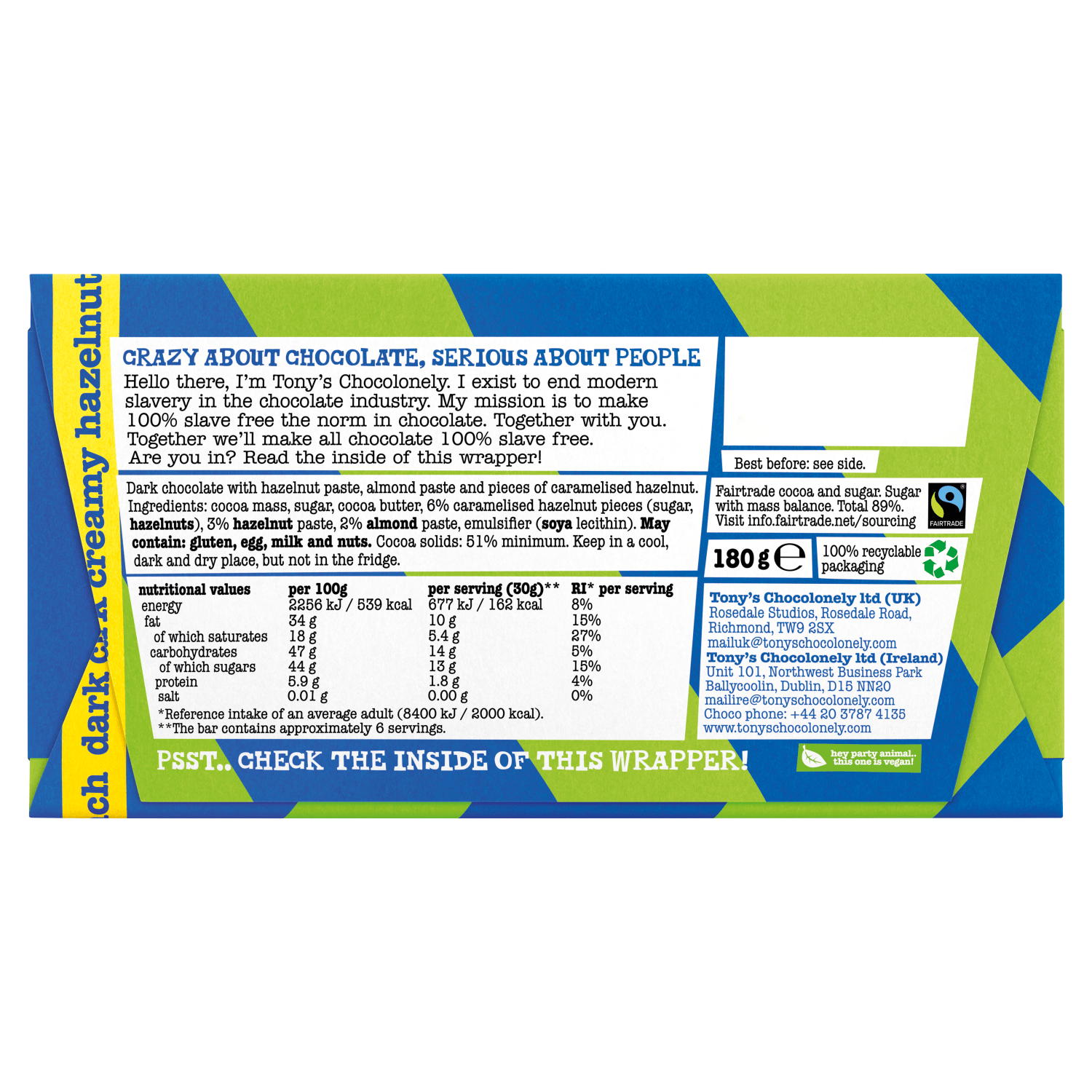 Tony's Chocolonely Dark Creamy Hazelnut Crunch 180g - UK Food & Drink - 8720701143586