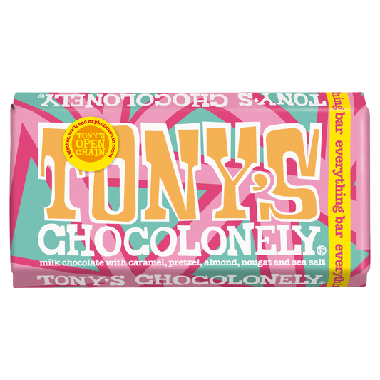 Tony's Chocolonely Milk Chocolate with Caramel, Pretzel, Almond, Nougat and Sea Salt 180g - UK Food & Drink - 8720701144538
