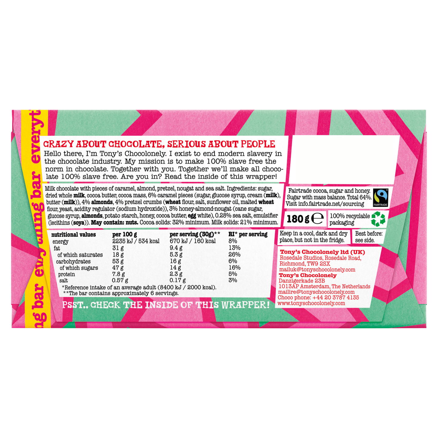 Tony's Chocolonely Milk Chocolate with Caramel, Pretzel, Almond, Nougat and Sea Salt 180g - UK Food & Drink - 8720701144538