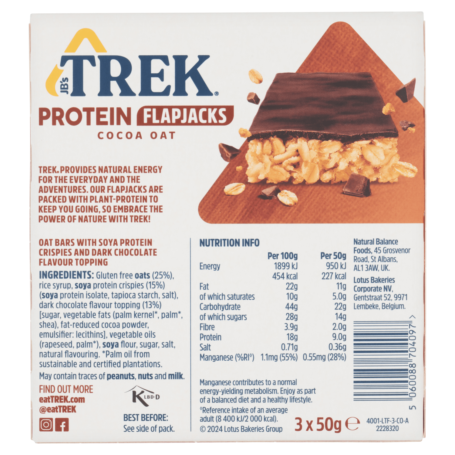 Trek Cocoa Oat Protein Flapjacks Bars 3 x 50g - UK Food & Drink - 5060088704097