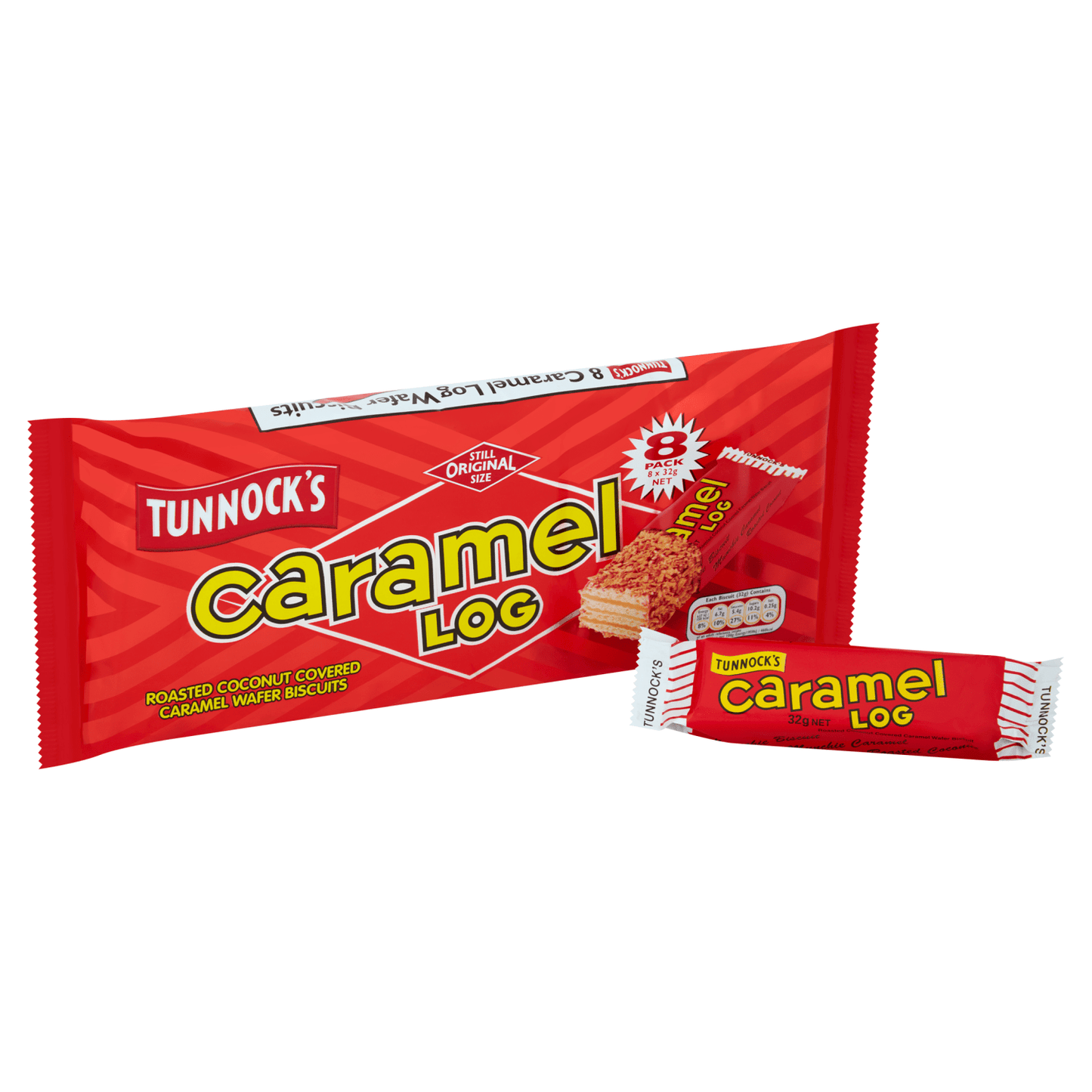 Tunnock's Caramel Log Roasted Coconut Covered Caramel Wafer Biscuits 8 x 32g - UK Food & Drink - 5010975075076