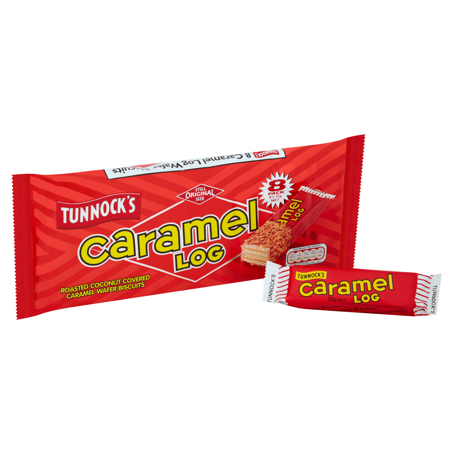 Tunnock's Caramel Log Roasted Coconut Covered Caramel Wafer Biscuits 8 x 32g - UK Food & Drink - 5010975075076